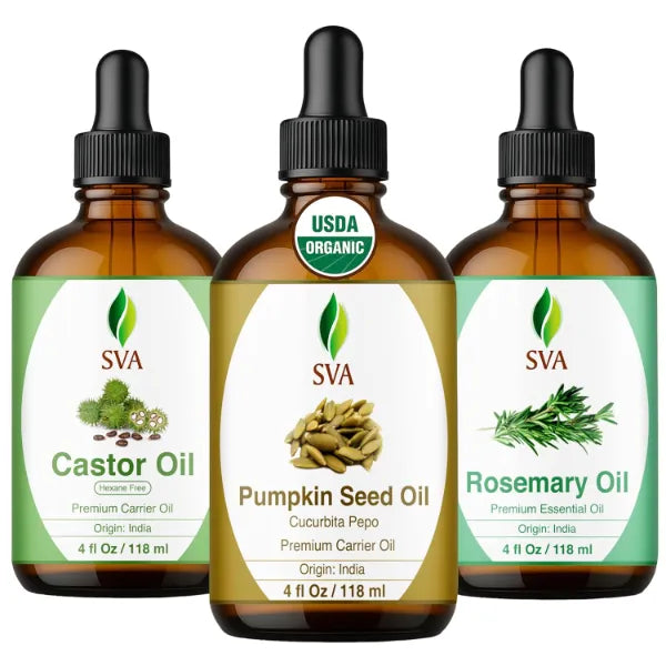SVA ORGANICS Pumpkin, Castor and Rosemary Oil 4 oz Bundle – Premium Grade Value Set for Hair Oiling, Scalp Massage, Hair Care, Skin Care and Body Massage