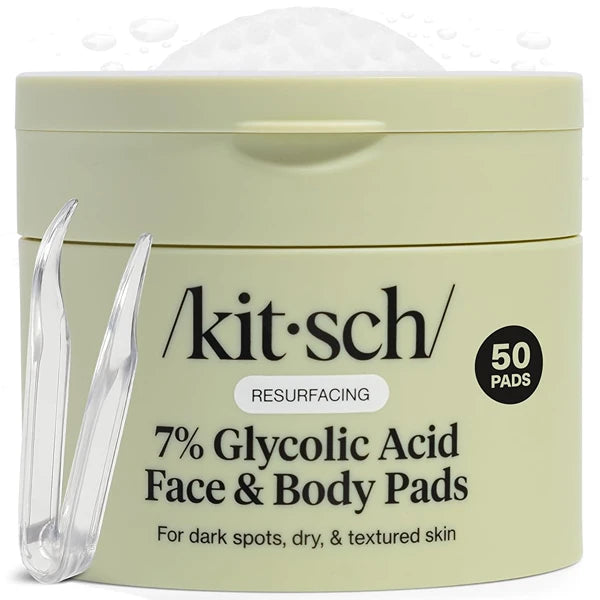 Kitsch Gentle Exfoliating Glycolic Acid Pads for Skin Care with Witch Hazel, Cica & Allantoin – Pre-Soaked Cotton Pads for Face & Body with Tweezers for Smooth, Radiant Skin – 50 count