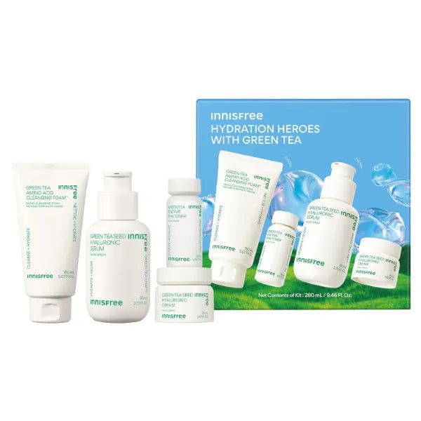 Innisfree Hydration Heroes Set with Green Tea, Korean Skincare Kit Featuring Moisturizing Serum, Toner, Cleanser & Cream, 9.46 Fl Oz