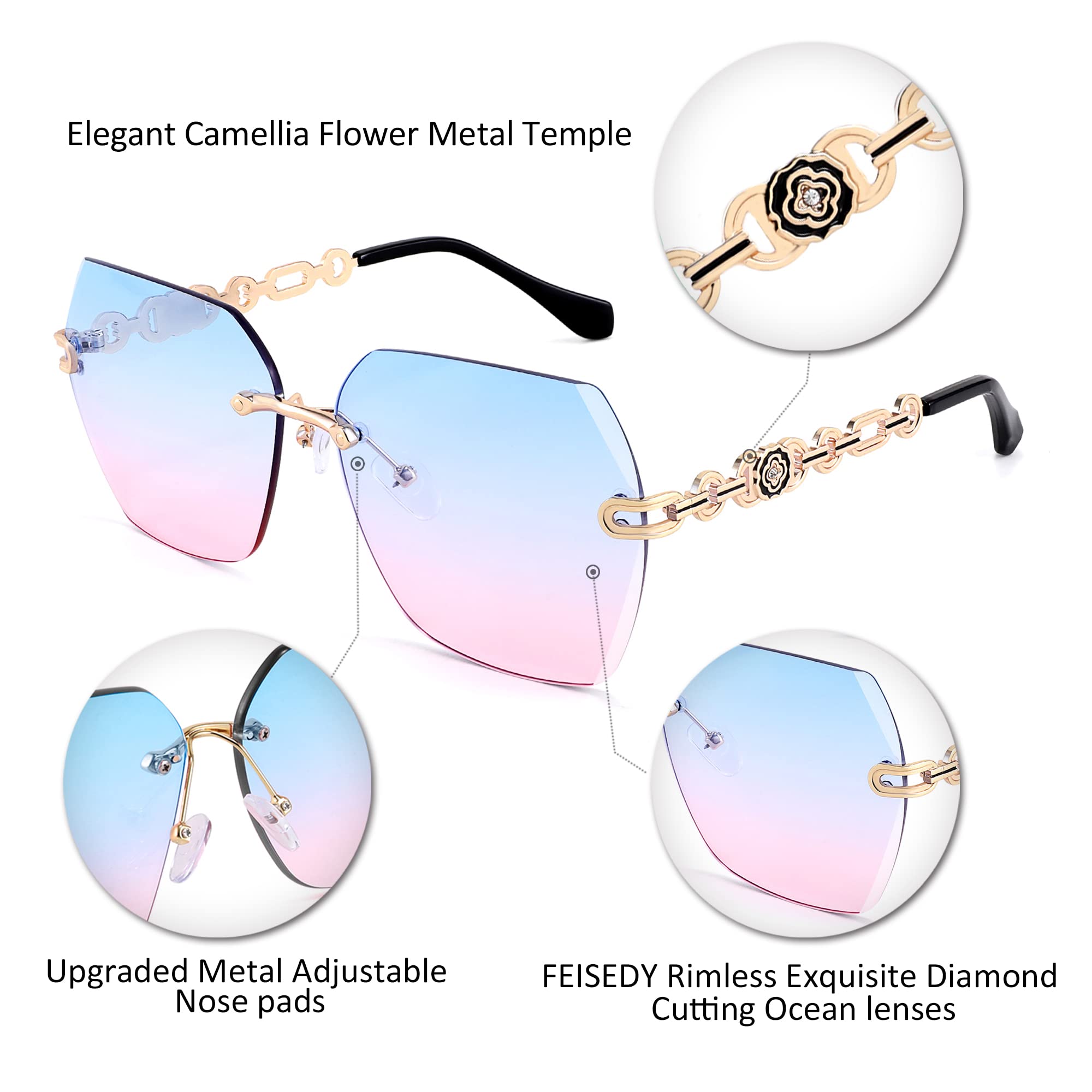 Rimless Sunglasses for Women Metal Square Frame Classic Diamond Grandient lens Eyewear UV Protection Fashion Shades for Women B2567
