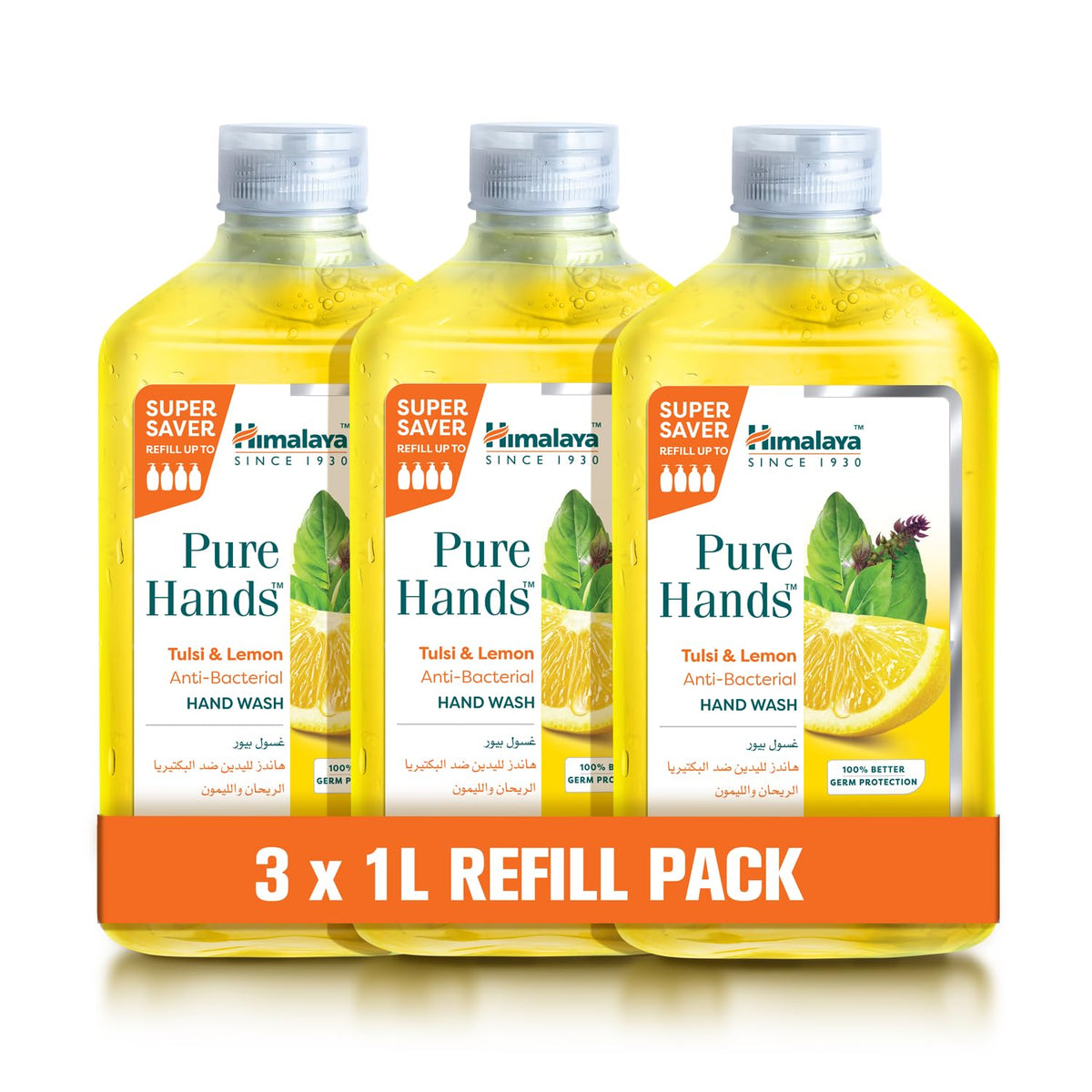 Himalaya Pure Hands Tulsi & Lemon Hand Wash (1000ml x 3) - Natural Germ Protection, Refreshing Citrus Scent, Moisturizing Formula