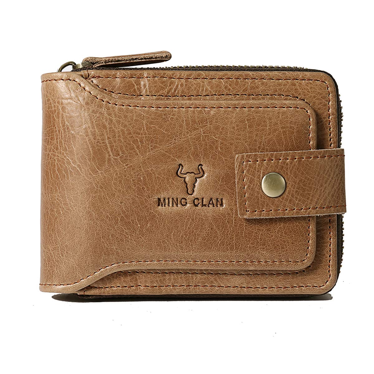 MING CLAN Zipper Wallet Men RFID Blocking Leather Bifold Wallets For Men - Flap ID Window Zip Coin Pocket Mens Zipper Wallets - Big Capacity - Tobacco