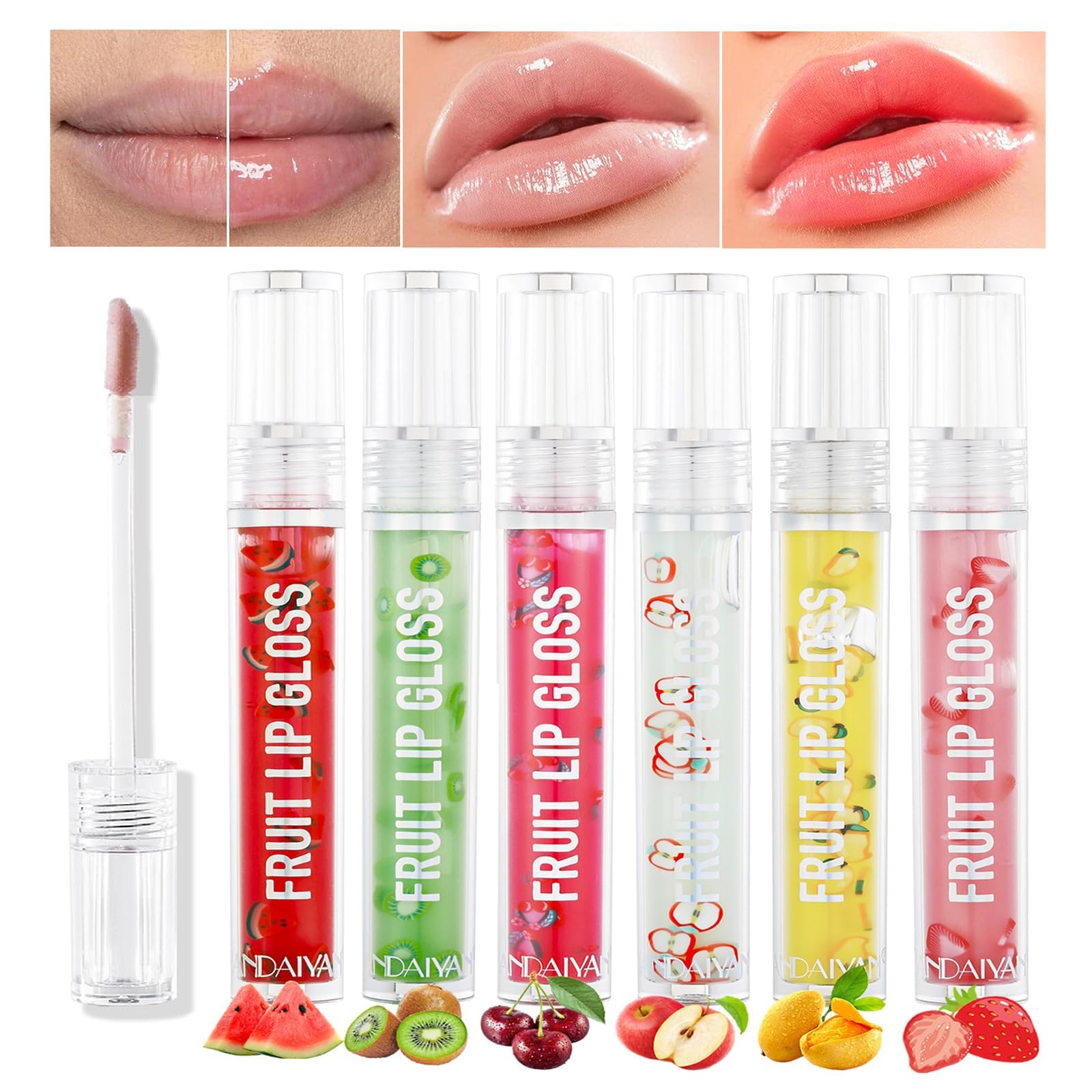 Azonee 6 Colors Fruit Flavored Lip Gloss Set, Cute Moisturizing Shimmer Roll On Hydrating Glitter Lip Glossy Plumper Lipstick Crystal Jelly Lip Make-up for Kids and Teens, Friendly, Party Gift Set