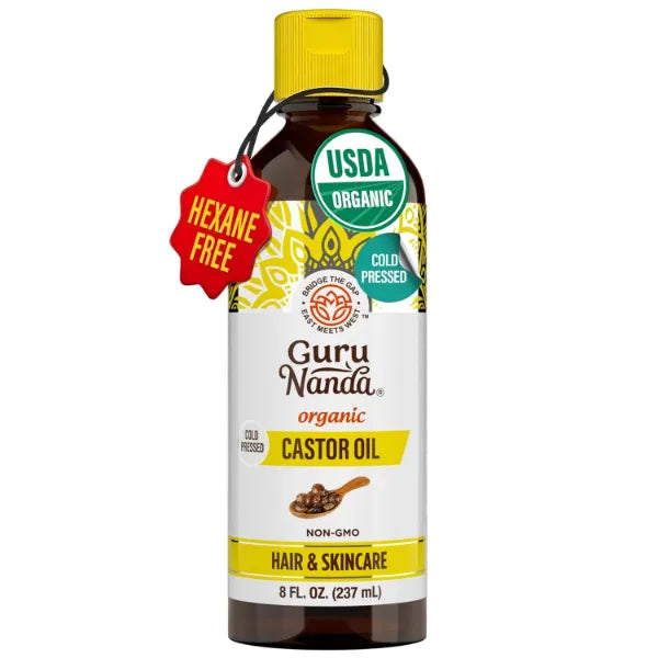 GuruNanda Castor Oil Organic (8 Fl oz) - 100% Pure & Natural, Cold Pressed & Hexane-Free, Hydrating Carrier Oil for Skin, Hair, Eyebrows & Eyelashes Growth