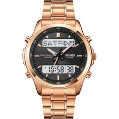 SKMEI Men Stainless Steel  Watch Dual Display  Black Dial Gold Band Waterproof