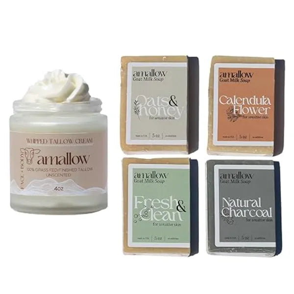 Amallow 100% Grass Fed Beef Tallow Skincare & Goat Milk Soap Whipped Moisturizer for Face & Body Unscented + All Natural Goat Milk Soap Variety Pack