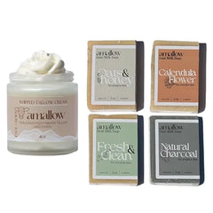 Amallow 100% Grass Fed Beef Tallow Skincare & Goat Milk Soap Whipped Moisturizer for Face & Body Unscented + All Natural Goat Milk Soap Variety Pack