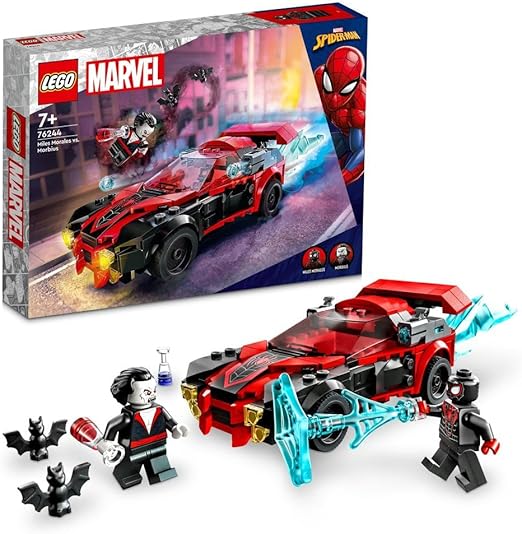 LEGO 76244 Marvel Miles Morales vs. Morbius, Spider-Man Building Toy for Boys and Girls with Race Car and Minifigures, Adventures in the Spiderverse Set