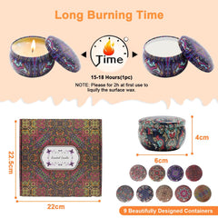 Scented Candles Gift Set, 9pcs Natural Soy Wax Jar Candle Long Lasting Portable Aromatherapy Candle for Home Scented, Various Fragrance Tin Candle Stress Relief for Bath Yoga SPA Sleep Festival Party