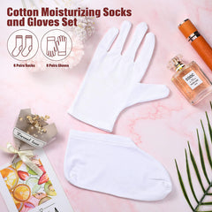 ELECDON Moisturizing Socks and Gloves Set, 4 Pairs Spa Socks and 4 Pairs White Gloves for Dry Hands, White Cloth Gloves Premium Cotton Spandex Socks, Cosmetic Moisturizing Socks for Women and Men