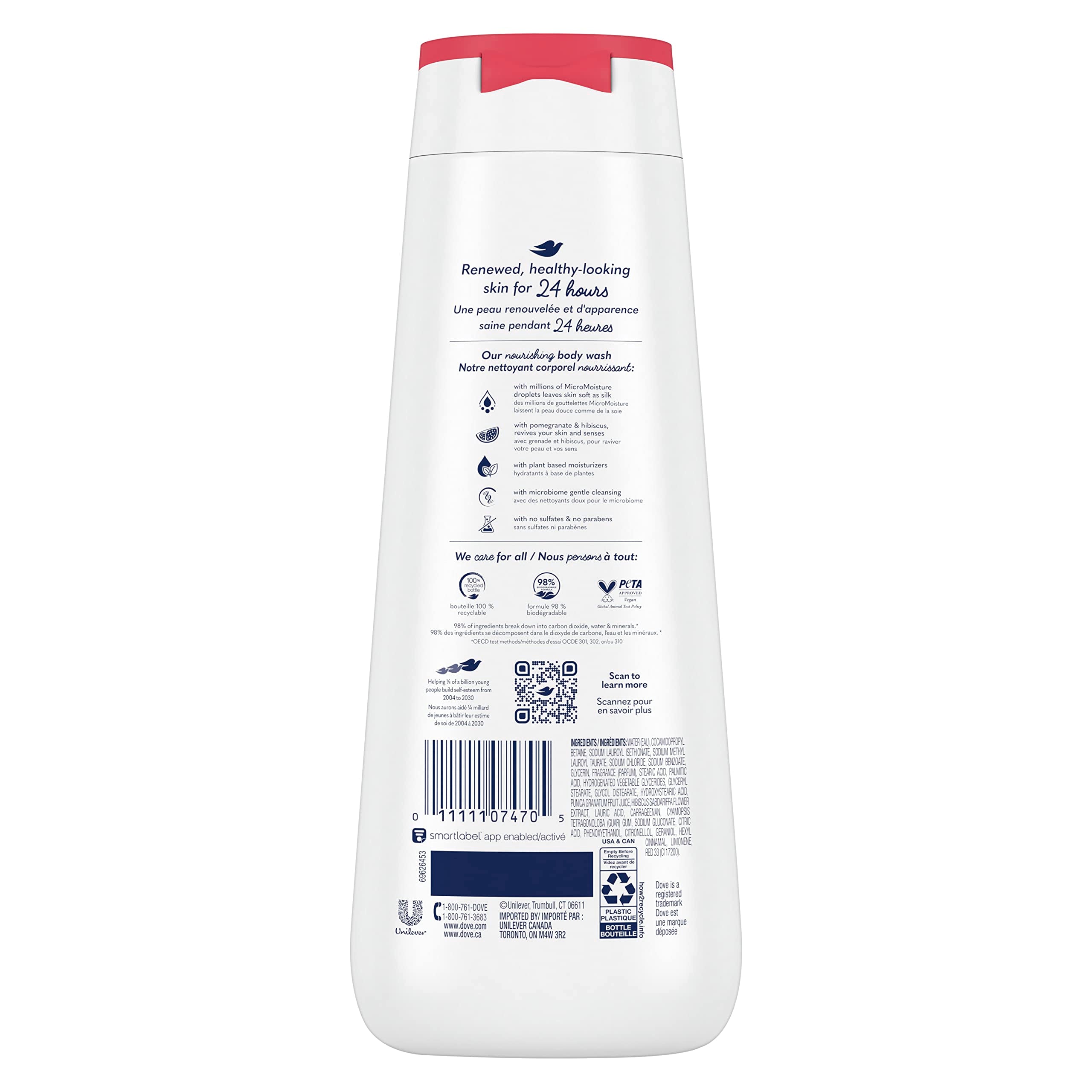 Dove Body Wash Rejuvenating Pomegranate & Hibiscus 4 Count for Renewed, Healthy-Looking Skin Gentle Skin Cleanser with 24hr Renewing MicroMoisture 20 oz