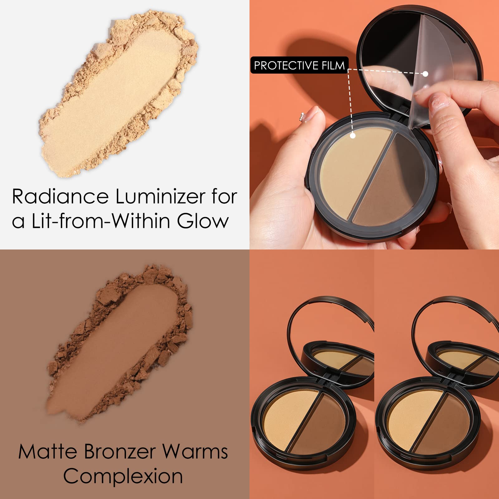 Focallure Bronzer and Highlighter Palette,Face Illuminator Contour Palette,Long Lasting Shimmer Makeup Palette,Cruelty Free Waterproof Matte Bronzer Powder Glow Makeup Kit,Light Gold&Warm Brown