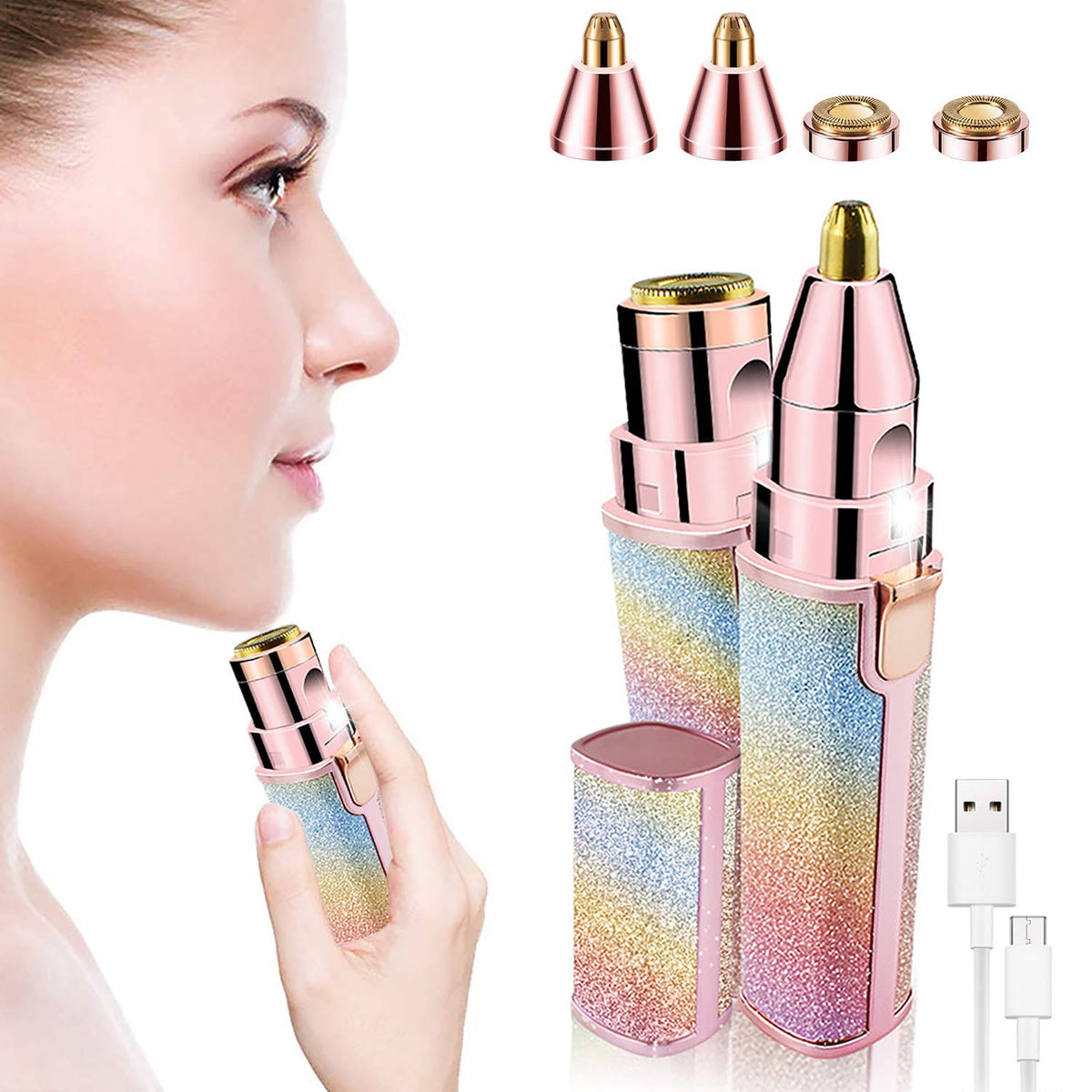 JYPS 2 in 1 Eyebrow Trimmer & Facial Hair Remover for Women, Rechargeable Eyebrow Razor and Painless Hair Removal, Hair Trimmer and Body Shaver for Lips Nose Face with Two Replacement Heads & LED Light