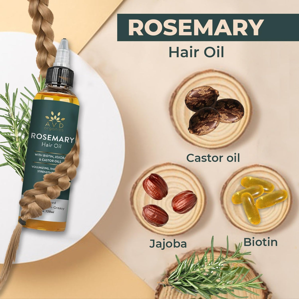 AVD Organics Rosemary Oil for Hair Infused With Biotin 4fl oz – Hair Strengthening, Nourishing, and Volumizing | Infused with Jojoba & Castor Oil | Non-GMO, 120ml