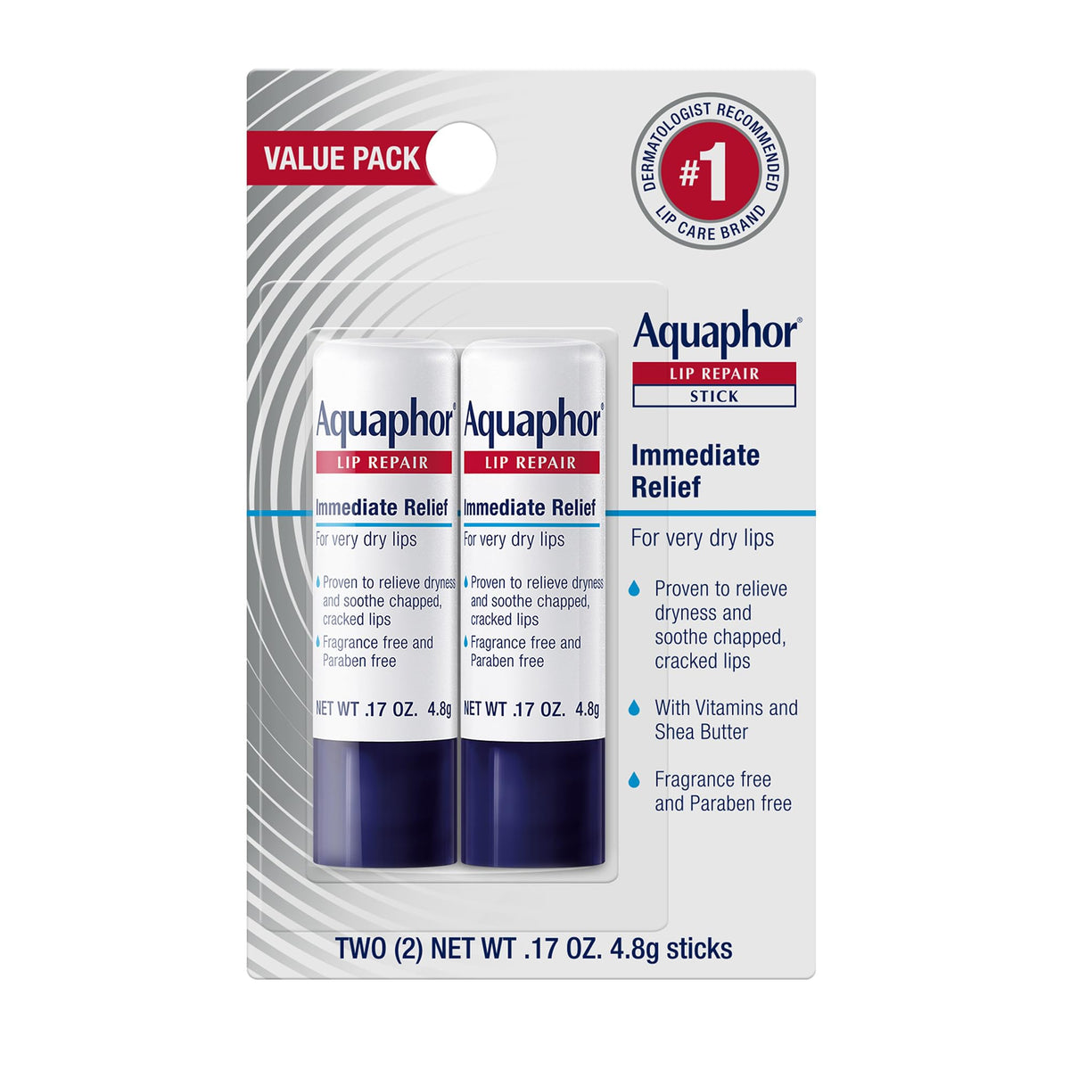 Aquaphor Lip Repair Stick - Soothes Dry Chapped Lips - Two(2) .17 Oz Sticks - Multi