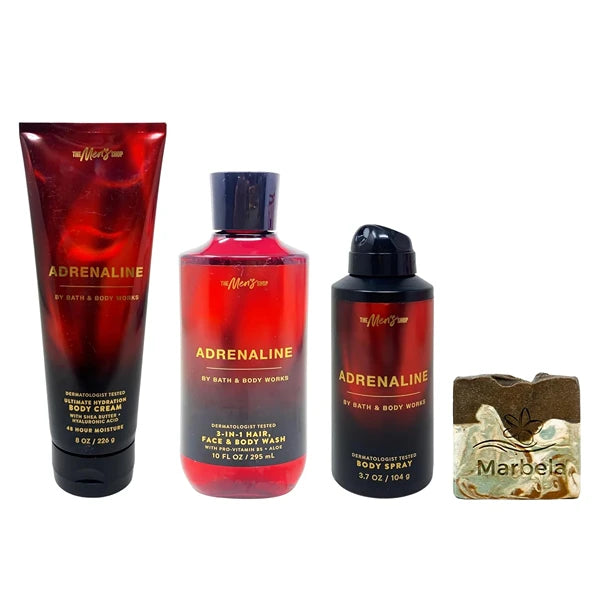 Bath & Body Works Adrenaline - Body Cream, Body Wash and Body Spray with a Cabin Spice Soap - full sized