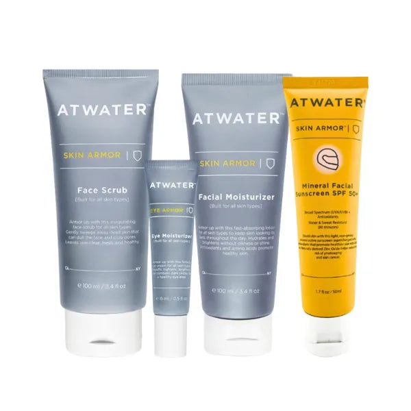 ATWATER Combination Skin Essentials Set, Skin Armor Face Scrub, Facial Moisturizer, Mineral Sunscreen, and Eye Armor Eye Moisturizer
