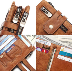 SLGOL Mens Chain Wallets with Anti-Theft Chain, Genuine Leather Purse RFID Blocking Bifold Wallet with Coin Pocket Purse (Brown)