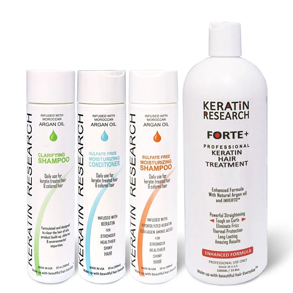KERATIN RESEARCH Keratina Forte Brasilera kit de 4 botellas por 1000ml, with Moroccan Argan oil Tratamiento Que Alisa El Cabello Ahora Con Una Fuerza Extra, Fórmula Mejorada Que Repara El Cabello, por Keratin Research
