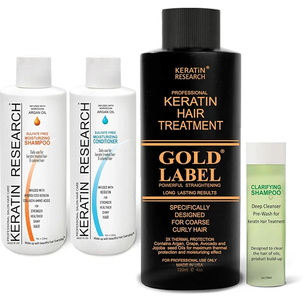 KERATIN RESEARCH GOLD LABEL Professional Chocolate Keratin Treatment, Enhanced Formula Designed for Thick Curly Hair Types: Black, African, Dominican, and Brazilian. Set of 4 120ml Bottles
