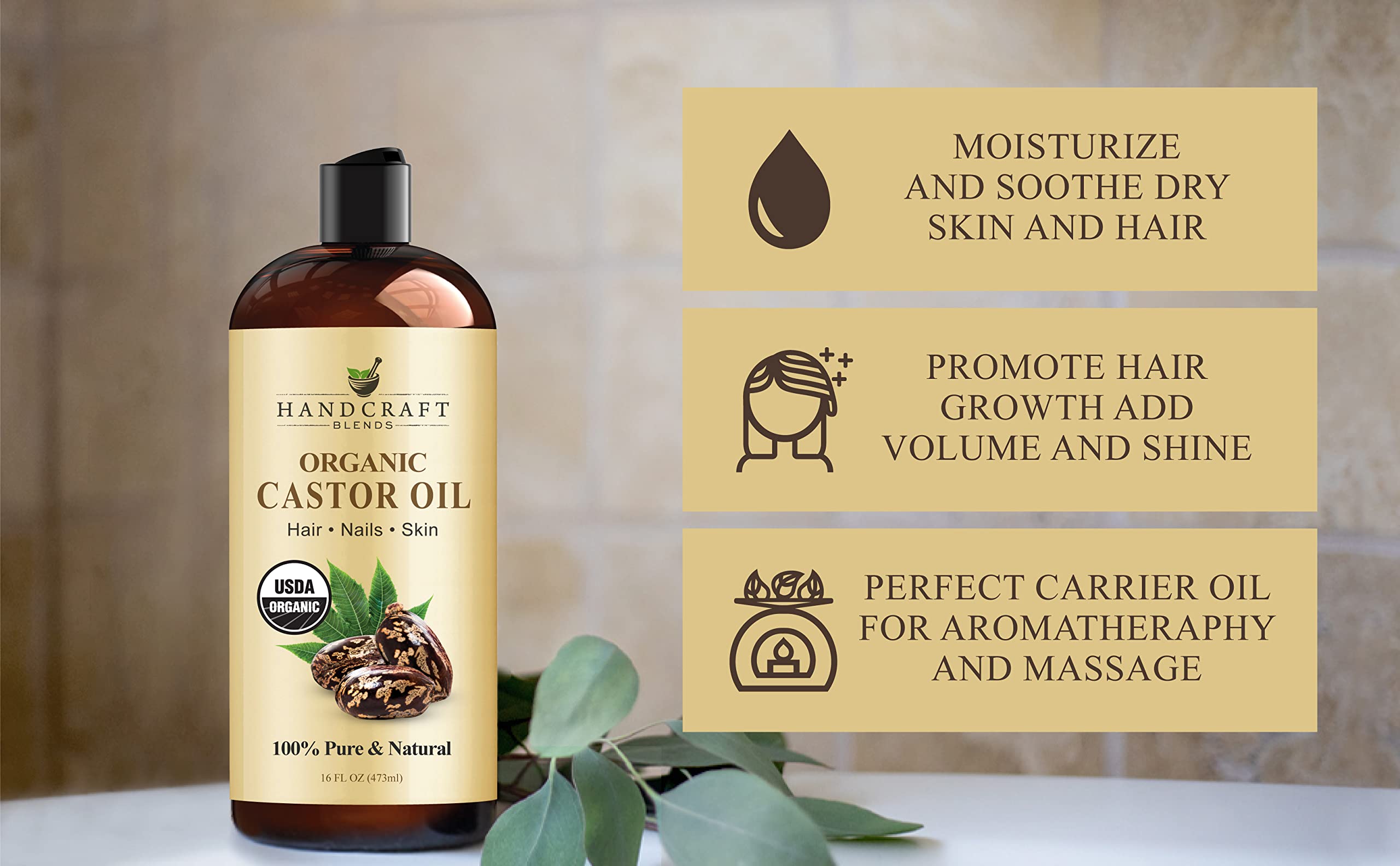 Handcraft Blends Organic Castor Oil - 16 Fl Oz - 100% Pure and Natural - Premium Grade Oil for Hair Growth, Eyelashes and Eyebrows - Carrier Oil - Hair & Body Oil - Expeller-Pressed