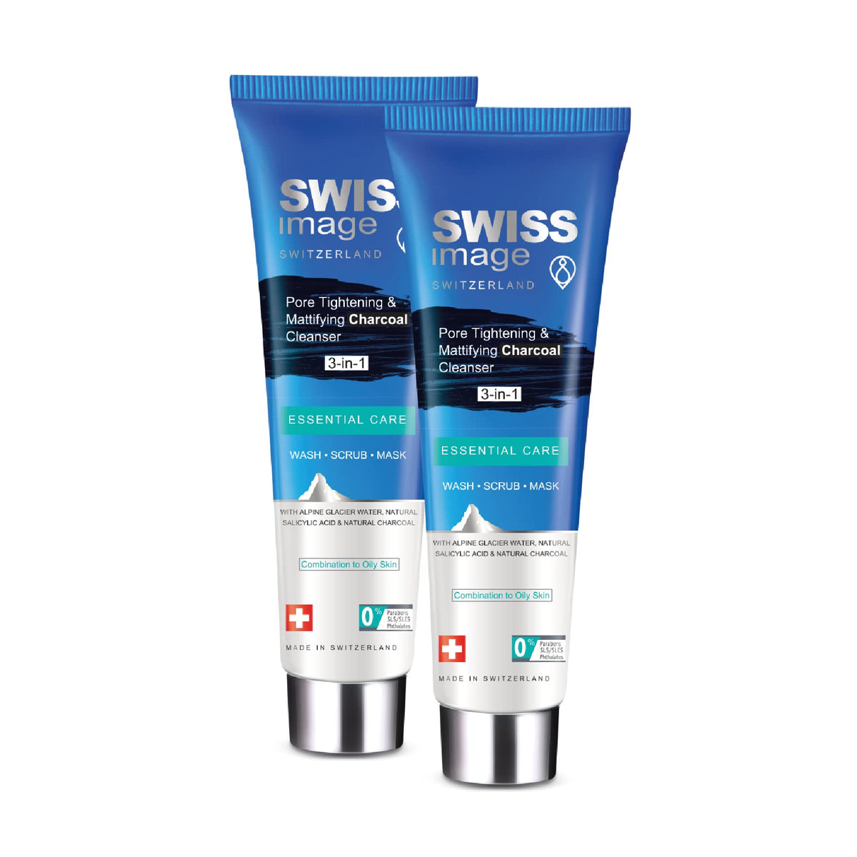 Swiss Image Pore Tightening & Mattifying Charcoal Cleanser 3 In 1, 2 x 100ml, Salicylic Acid Face Wash, Scrub & Mask, Treats Acne, Deep Cleanses, Gently Exfoliates for Combination To Oily Skin