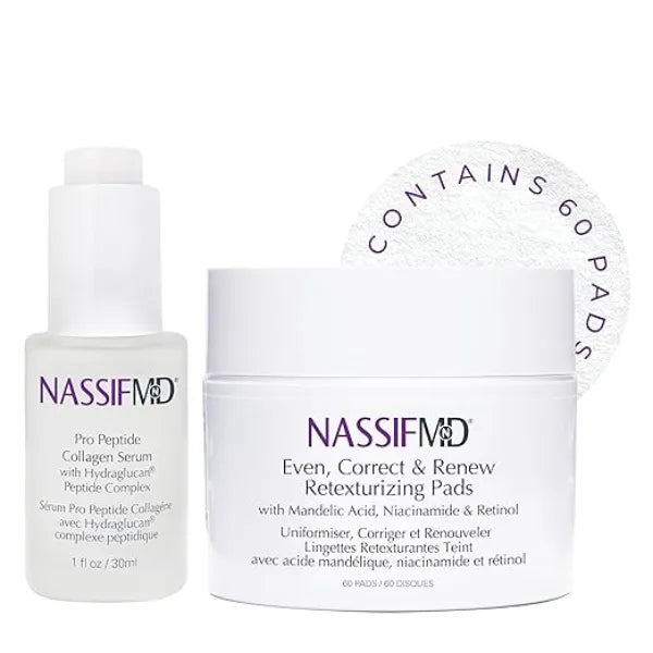 NassifMD Pro Peptide Collagen Serum & Even Correct Retexturizing Pads Bundle, Peptide Serum Textured Skin Treatment, Fine Lines and Wrinkles Treatment, Anti Aging, Firms and Smooths Skin