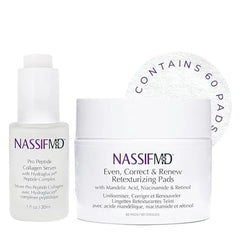 NassifMD Pro Peptide Collagen Serum & Even Correct Retexturizing Pads Bundle, Peptide Serum Textured Skin Treatment, Fine Lines and Wrinkles Treatment, Anti Aging, Firms and Smooths Skin