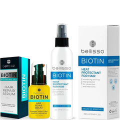 BELLISSO Biotin Hair Thickening Serum and Biotin Heat Protectant Spray for Hair with Moroccan Argan Oil