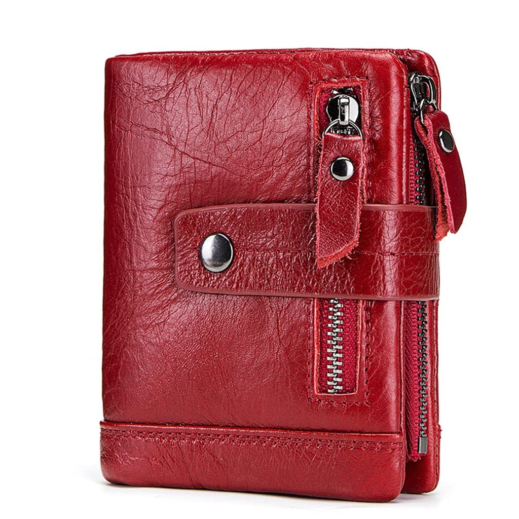 Men‘s Leather Wallet Genuine Leather RFID Blocking Bifold Zipper Pocket Card Holder with ID Window and Card Case Purse - 828-Red