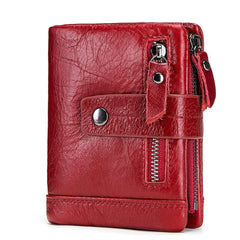 Men‘s Leather Wallet Genuine Leather RFID Blocking Bifold Zipper Pocket Card Holder with ID Window and Card Case Purse - 828-Red