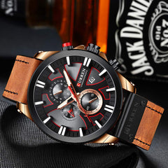CURREN Mens Water Resistant Sport Chronograph Watches Military Multifunction Leather Quartz Wrist Watches, rose gold brown, Chronograph,Quartz Movement