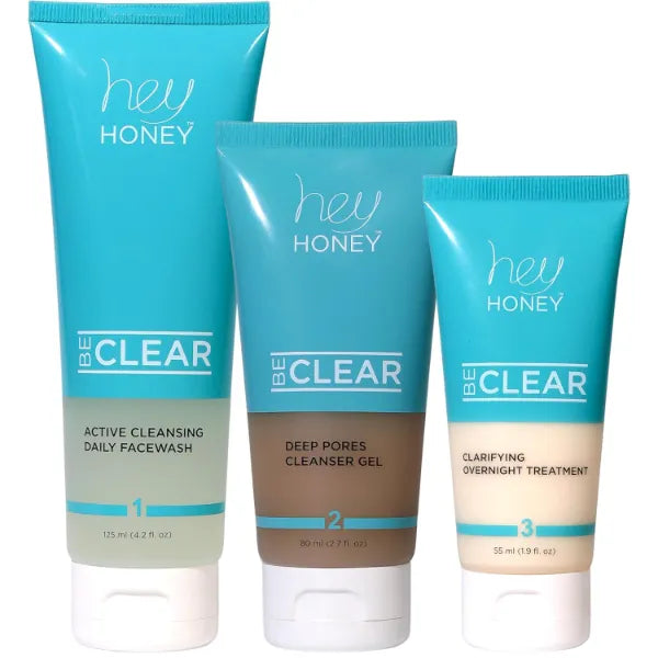 Hey Honey BE CLEAR Acne Skincare Routine: Daily Facewash, Deep Pore Cleanser & Clarifying Overnight Treatment | Natural Formula with Propolis, Squalane & Honey Fights Blemishes, Balances Oily Skin