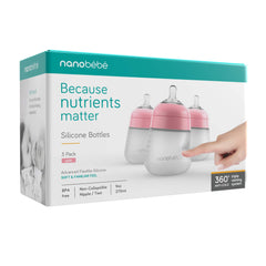 Nanobébé Flexy Silicone Baby Bottle, Anti-Colic, Natural Feel, Non-Collapsing Nipple, Non-Tip Stable Base, Easy to Clean, 3-Pack, Pink, 270 ml 9oz