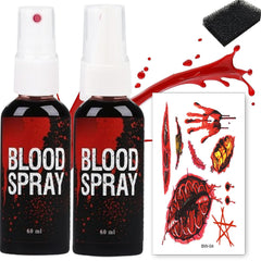 Halloween Fake Blood Makeup Kit, Fake Blood Set Included 2Pcs Fake Blood Spray Fake Blood Gel Makeup Scars Wax Spatula Black Stipple Sponge,Washable Safe for Mouth,Nosebleed, Cosplay (blood-4pcs)