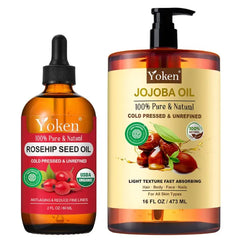 Yoken Jojoba Oil 16oz and Organic Rosehip Seed Oil 2 fl oz 100% Pure & Natural Oil