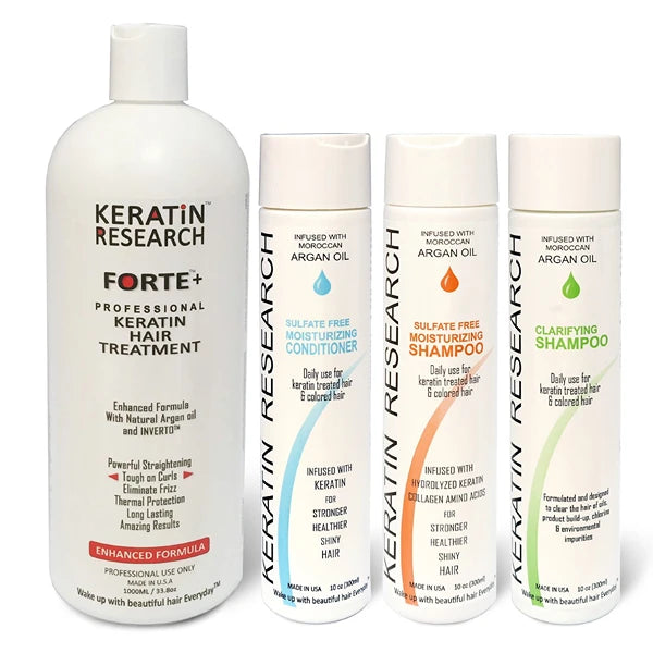 KERATIN RESEARCH Forte Keratin Brazilian Keratin Hair Blowout Treatment with Moroccan Argan Oil, Extra Strength, 4 Bottles, 1000ml, Unscented, Argan Oil Infused & Sulfate Free, Curly, Coily