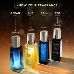 BellaVita Luxury Eau De Parfum Gift Set for Men | Includes OUD Gold, Ocean, B.L.U, & CEO Man Perfume | Long-Lasting Fragrance | Mens Perfume Set | Oud Perfume for Men | Collection Perfumes – 4 x 20ml