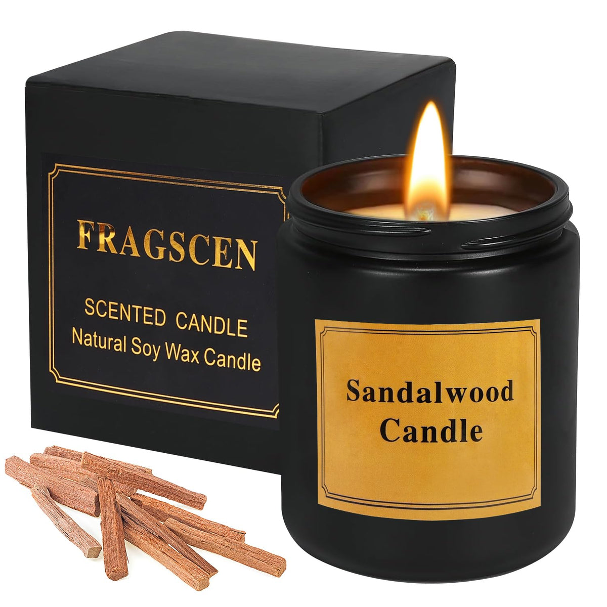 FRAGSCEN Sandalwood Candles, Candles for Home Scented, Natural Soy Candles, Mothers Day Gifts, Candles Gifts for Women, Aromatherapy Candles for Stress Relief, 7oz 40 Hours