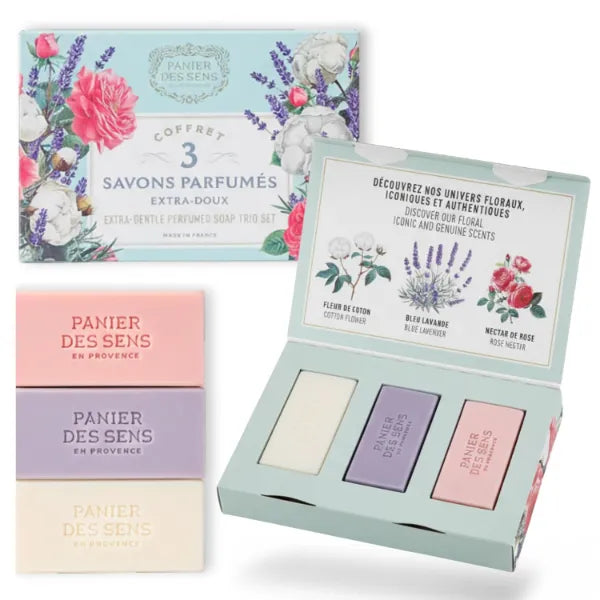 Panier des Sens - Bar Soap Gift Set for Women - Cotton, Rose, Lavender Soap Bars - & Birthday Gifts for Her - Hand & Body Soap Bars with Shea Butter - 97% Natural Ingredients - 3x3.5oz