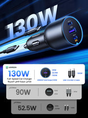 UGREEN 130W Super Fast Car Charger Fast Charging 3-Port USB Car Power Adapter With 100W USB C Cable Car Fast Charger Plug for Samsung S24 Series, Steam Deck, Macbook, Laptops, Tablets, iPhone, Huawei