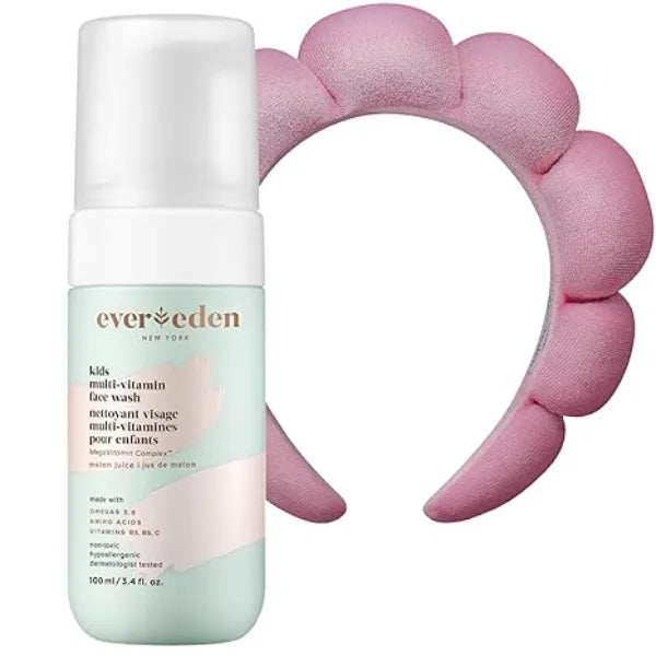 Evereden Kids Face Wash Melon Juice, Adorable Terry Spa & Makeup Headband Gentle Kids Skin Care Non toxic and Safe Ingredients for Sensitive Skin Multi Vitamin Skin Care