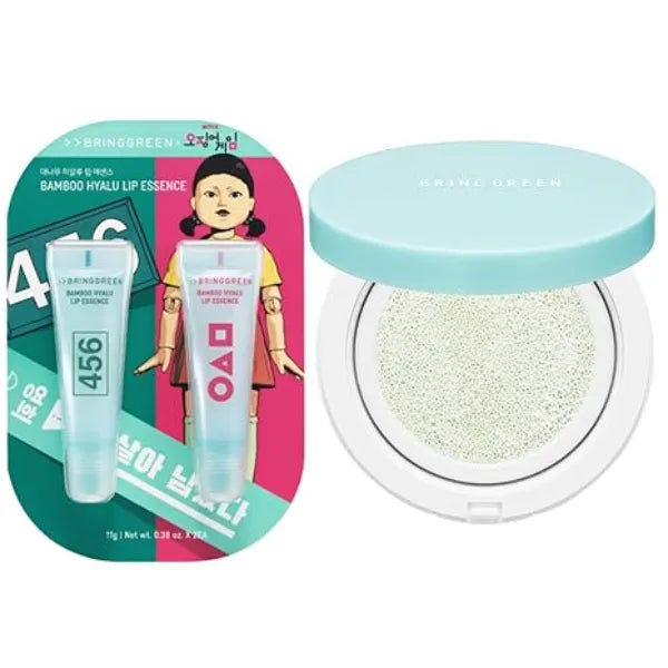BRING GREEN Tea Tree CICA Sun Cushion + Squid Game Lip Essence Set SPF 50+ Zinc Mineral Sunscreen & Hydrating Bamboo Lip Duo Korean Skincare x Netflix Special Edition