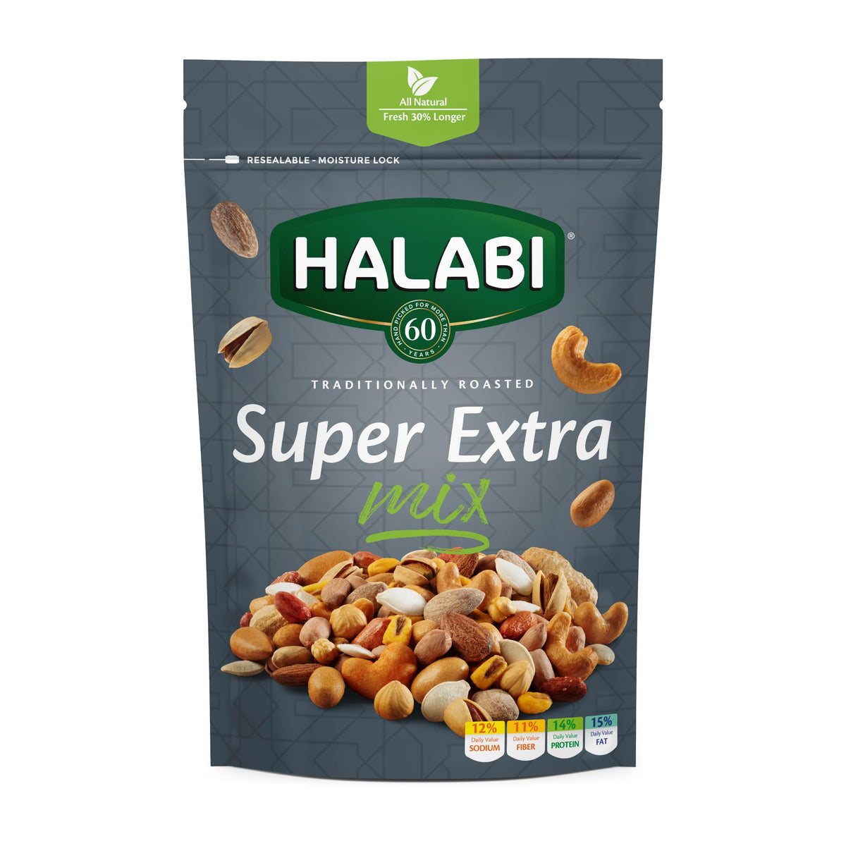 Halabi Super Extra Mix, Mixed Nuts, Peanuts, Cashews, Pistachios, Almonds, Chickpeas, Pumpkin Seeds, Hazelnuts, Corns - Healthy Baked Snacks, Resealable Bag - 300g