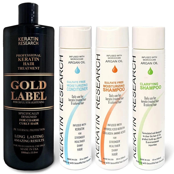 KERATIN RESEARCH Professional Keratin Treatment Chocolate Gold Label Set of 4 Bottles 1000ml, Improved Formula and Designed for Thick Curly Hair Types Black, African, Dominican and Brazilian