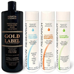 KERATIN RESEARCH Professional Keratin Treatment Chocolate Gold Label Set of 4 Bottles 1000ml, Improved Formula and Designed for Thick Curly Hair Types Black, African, Dominican and Brazilian