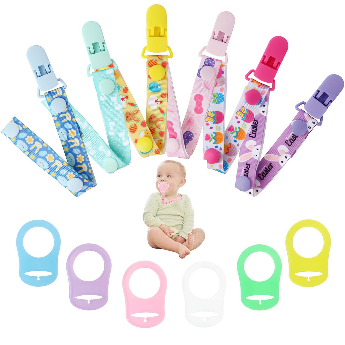 Azonee Silicone Dummy Clips Adapter, 6 pcs Baby Pacifier Chain with 6 pcs Adapters, Silicone Ring Adapter, Baby Pacifier Holder Soother Clip Chain Straps, Baby Teething Toys