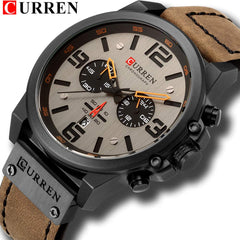 CURREN Brown Chronograph Fashion Trend Multi-Function Waterproof Quartz Watch Leather Strap Military Watch (Brown)