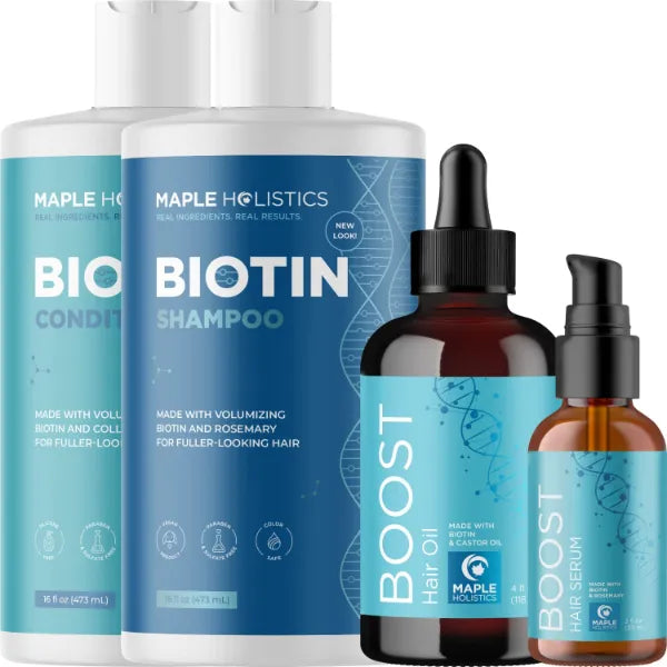 Maple Holistics 4 Piece Biotin Set - Shampoo, Conditioner, Oil, and Serum with Caffeine, Black Castor Oil, Rosemary Essential Oil, and Amino Acids for Volumized Hair