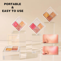 GEEWHILE Shimmer Blushers For Cheeks Make Up, 4 Colors Long-Lasting Blush Palette, 3 In 1 Blusher Contouring Highlighting, Natural-Looking Powder Blush for Women, Smudge-proof & Sweat-Resistant Blush